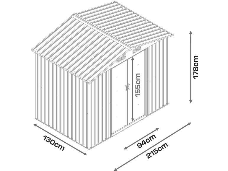 Metall-Gartenschuppen mit Maßen: 215x130x178 cm, Türhöhe 155 cm.