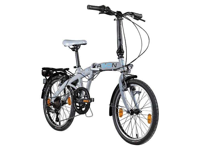 Graues Faltrad mit blauen Akzenten und Gepäckträger.