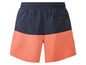 Blau-orange Badehose mit einer Tasche hinten.