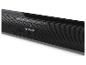 Schwarze Soundbar mit perforiertem Gitter und Bedientasten oben.