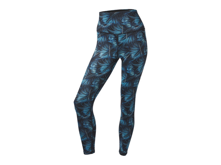 Schwarze Leggings mit blauem Muster und dem Logo 'Jette Sport'.