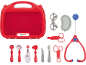 Kinderarzt-Spielset mit rotem Koffer, Stethoskop, Schere und anderen medizinischen Werkzeugen.