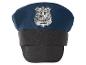 Blaue Polizeimütze mit einem silbernen Abzeichen mit Stern und dem Wort „POLICE“