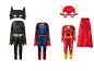 Batman, Superman und Flash Superhelden-Kostüme mit Masken und Umhang.