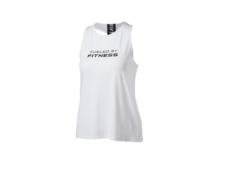 Weißes ärmelloses Sportshirt mit dem Schriftzug „FUELED BY FITNESS“