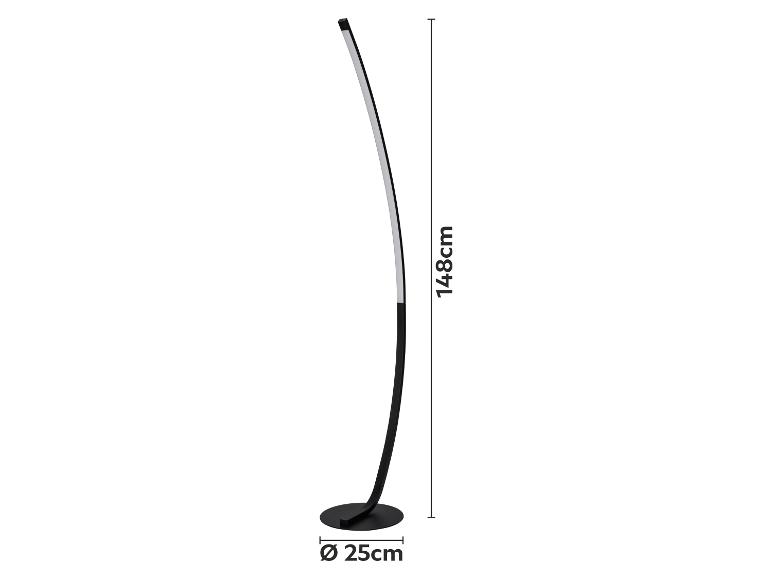 Gebogene schwarze LED-Stehleuchte, 148 cm hoch, mit 25 cm Durchmesser Basis.
