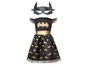 Ein schwarzes Batgirl-Kleid mit goldenen Fledermausdetails und passender Maske.