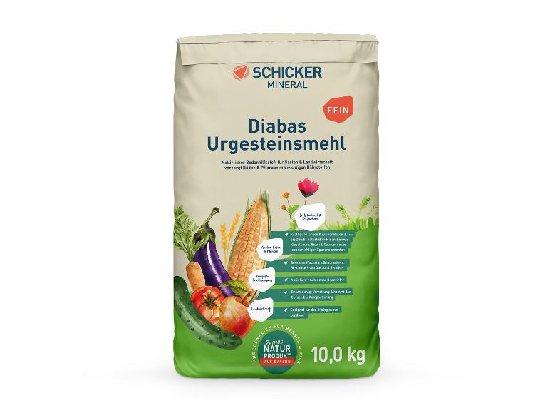10 kg Sack Diabas Urgesteinsmehl von Schicker Mineral für Garten und Landwirtschaft.