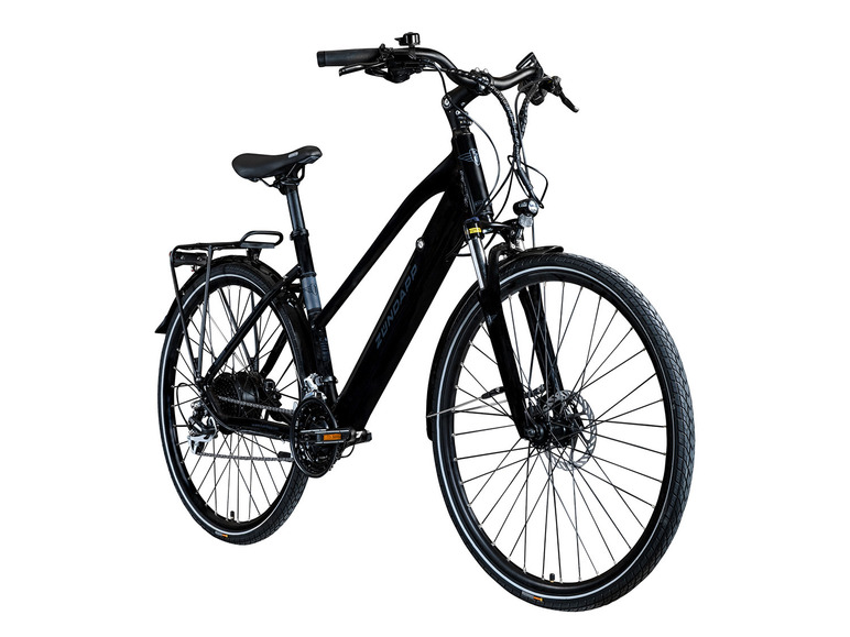 Ein schwarzes Zündapp E-Bike mit Gepäckträger.