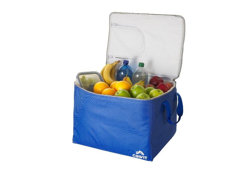 Blaue Kühltasche gefüllt mit Obst und Wasserflaschen
