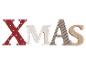 Holzbuchstaben, die XMAS bilden, in Rot, Weiß und Grau.