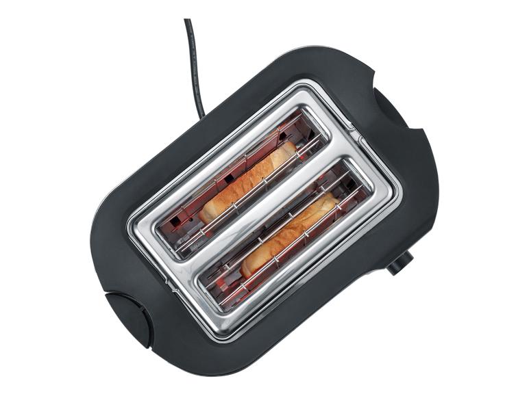 Schwarzer Toaster mit zwei Toastscheiben darin, von oben
