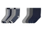 Ein Set mit gestreiften Socken in Grau und Blau.