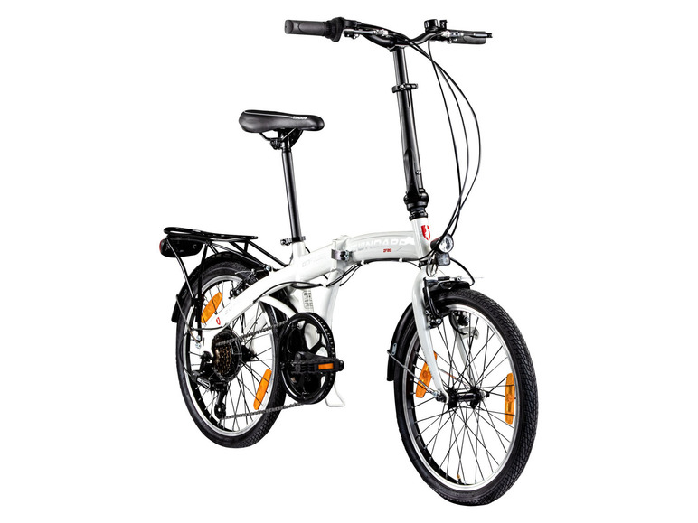 Ein weißes Klappfahrrad mit schwarzen Rädern.