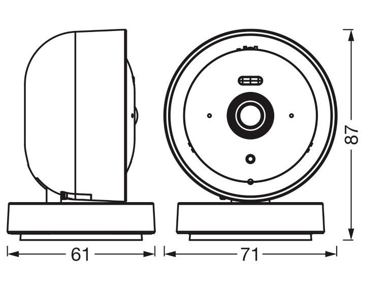 Maße: 61x87 mm und 71x87 mm, zwei technische Zeichnungen einer Leuchte.