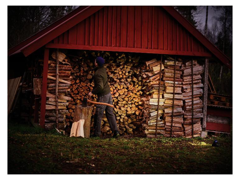 Mann hackt Holz, LIVARNO® Arbeitsleuchte »The Portable« im Vordergrund.