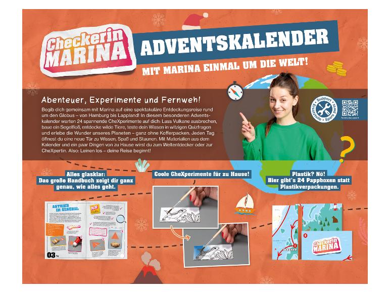 Checkerin Marina Adventskalender mit Experimenten und Weltreise-Thema.
