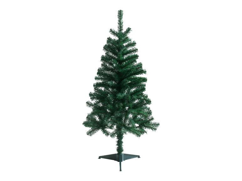Ein künstlicher grüner Weihnachtsbaum mit Ständer.