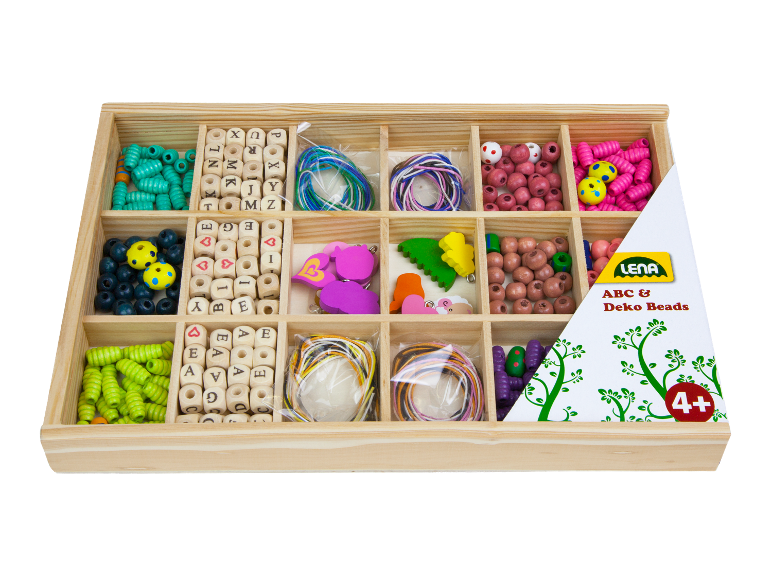 Lena Holzkiste mit Holzperlen zum Basteln.