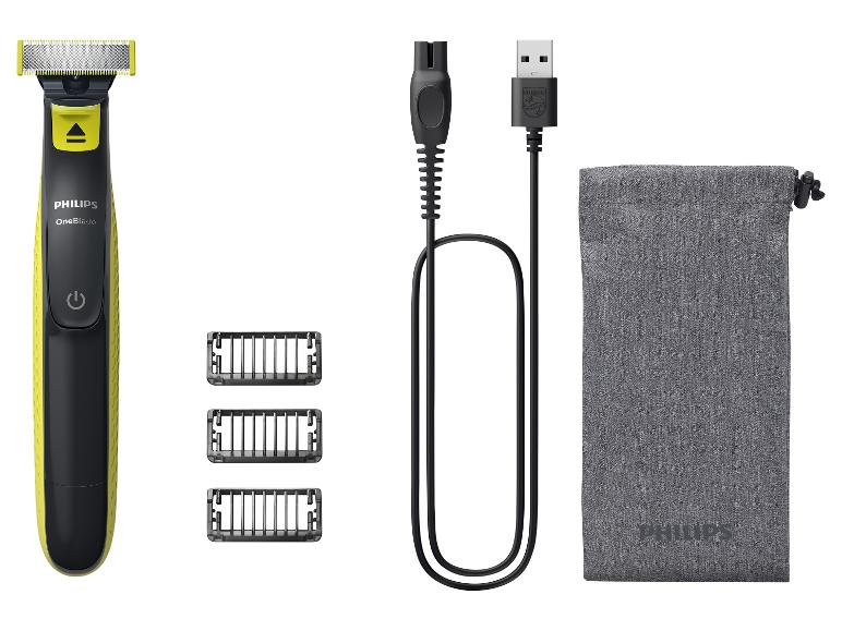 Philips OneBlade Trimmer mit Zubehör, einschließlich Kämmen, Ladegerät und Reisetasche.