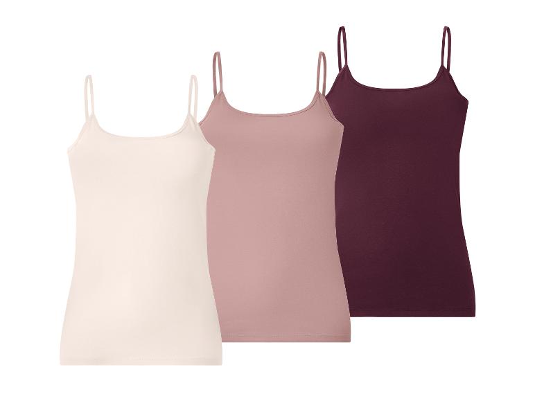 Drei Damen-Spaghettiträger-Tops in Weiß, Rosa und Burgunderrot.