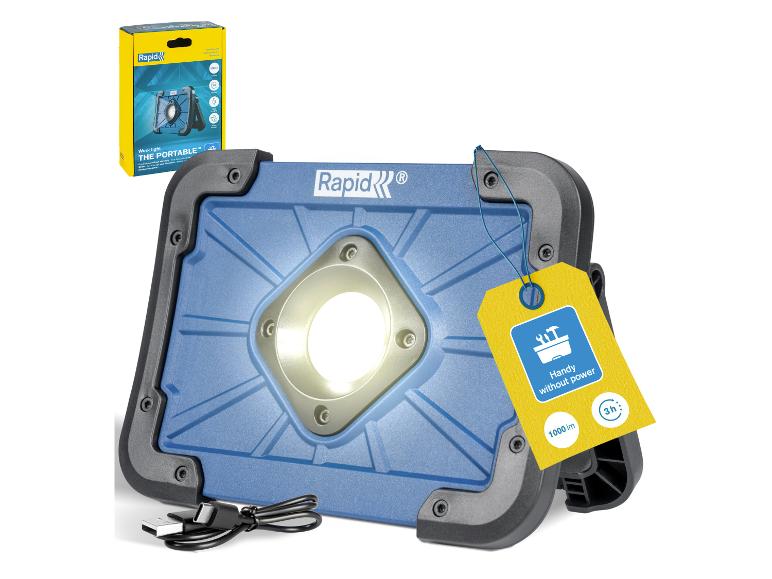 Blaue LIVARNO® „The Portable“ Arbeitsleuchte mit Verpackung, USB-Kabel und Etikett, das 1000 lm und 3 Stunden Laufzeit anzeigt.
