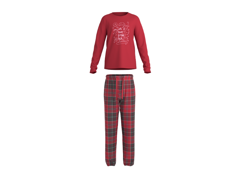 Roter Langarm-Pyjama mit karierter Hose, mit dem Text „Let's have breakfast“.
