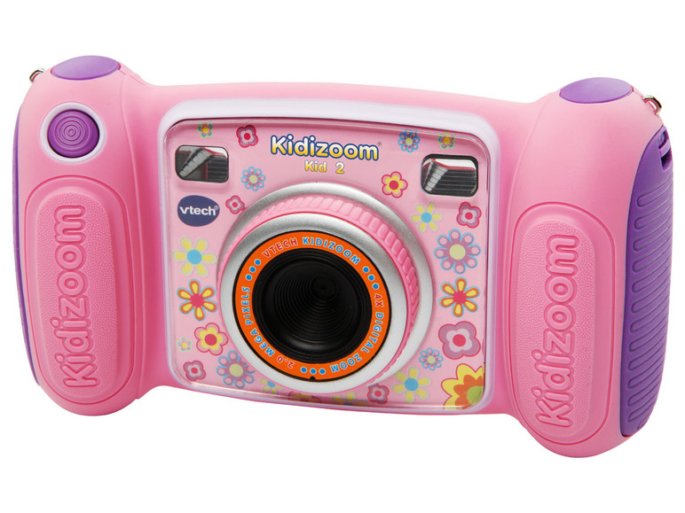 Eine rosafarbene VTech Kidizoom Kid 2 Kamera mit Blumenmuster.