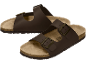 Braunes Paar Zweiriemen-Sandalen mit Korksohlen und Metallschnallen