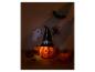 Beleuchteter Kürbis mit Hexenhut, umgeben von herbstlicher Halloween-Dekoration.