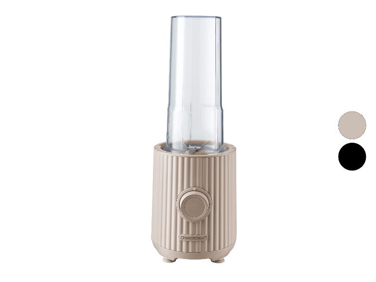 SilverCrest Mini-Mixer in Beige mit transparentem Becher und schwarzen und beigen Farboptionen.
