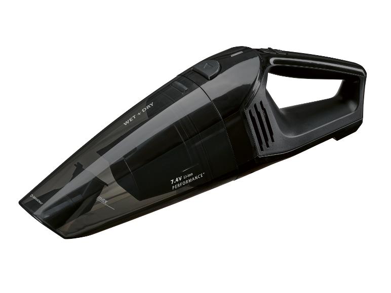 Schwarzer Handstaubsauger für Nass- und Trockenanwendungen mit der Aufschrift „WET + DRY“ und „7.4V Li-ion PERFORMANCE+“.