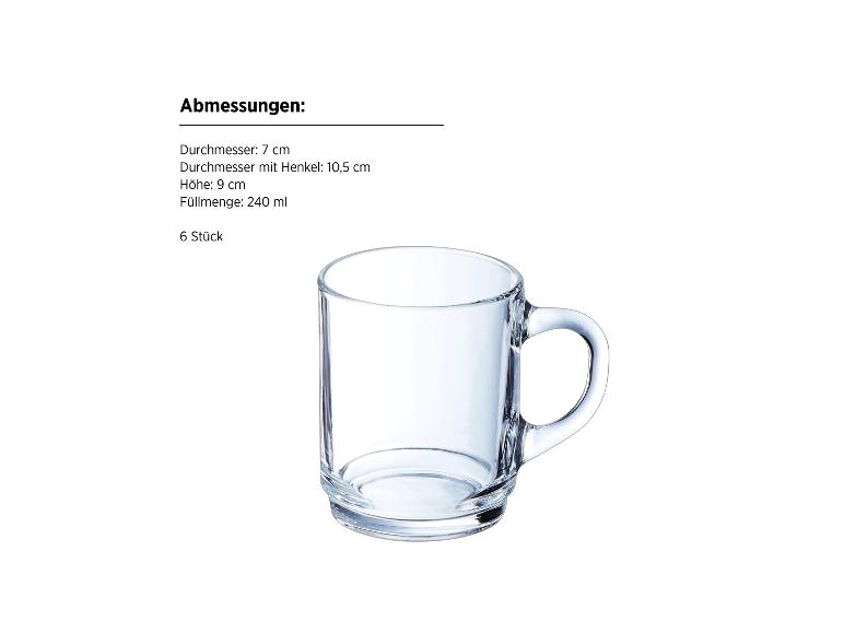 Transparentes Glasbecher mit Maßen: Durchmesser 7 cm, Höhe 9 cm, Füllmenge 240 ml, 6 Stück.