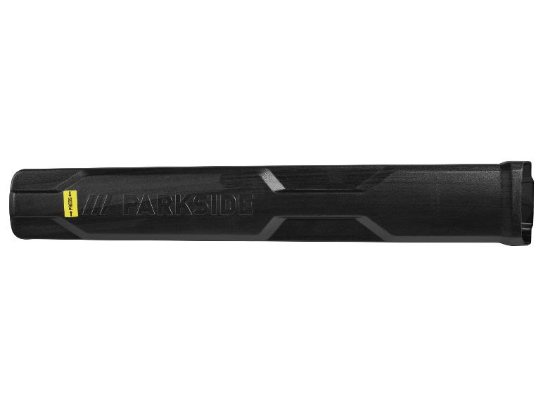 Schwarze Klingenschutzhülle mit 'PARKSIDE'-Branding und gelbem 'PRESS'-Etikett.