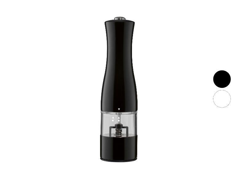 Schwarze elektrische Salz- oder Pfeffermühle mit transparentem Behälter