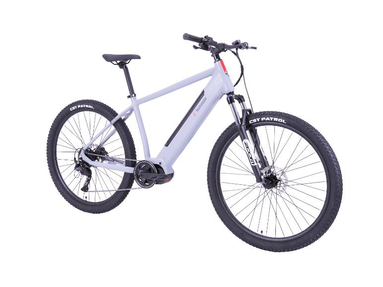 Graues E-Mountainbike mit schwarzen Reifen und Sattel, auf weißem Hintergrund.