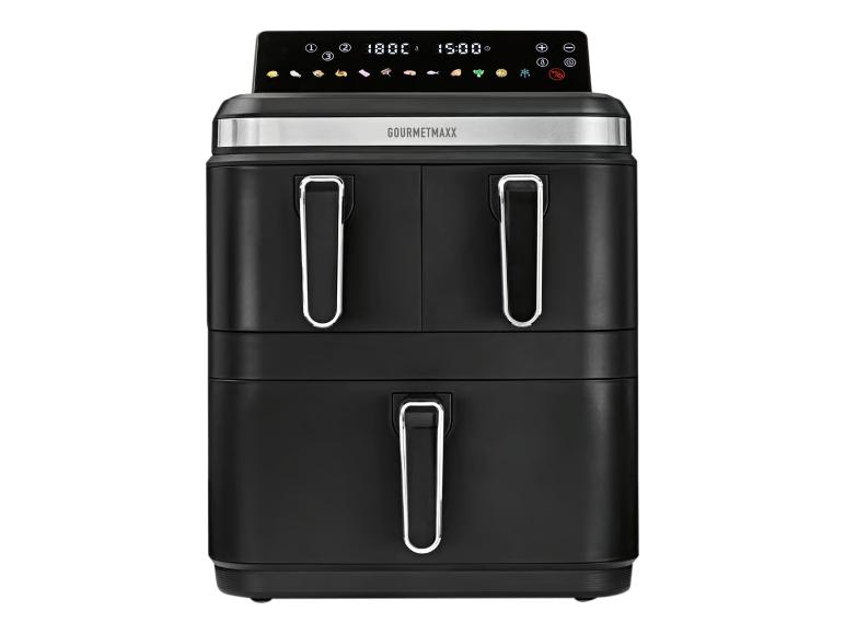 Schwarze Heißluftfritteuse mit Digitalanzeige und drei Körben.