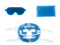Eine blaue Gel-Augenmaske, eine Gel-Gesichtsmaske und eine Gel-Kompresse.