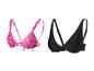 Dreieck- und Bandeau-Bikinis, rosa Leopardenmuster und einfarbig schwarz.
