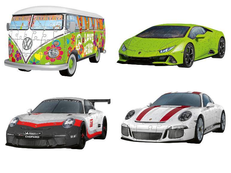 Vier 3D-Auto-Puzzles: ein VW-Bus, ein grüner Lamborghini und zwei Porsche.