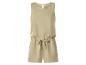 Beiger ärmelloser Damen-Jumpsuit mit Kordelzug in der Taille.