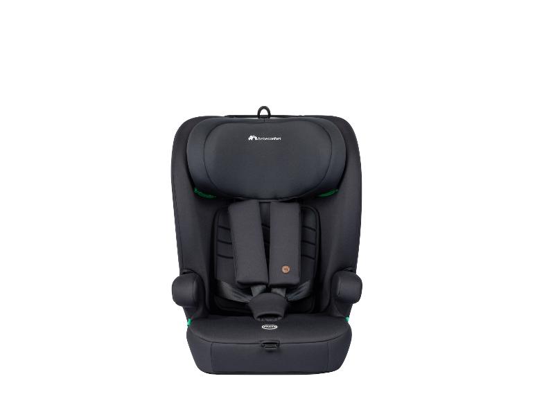 Schwarzer Kindersitz mit Fünfpunktgurt.