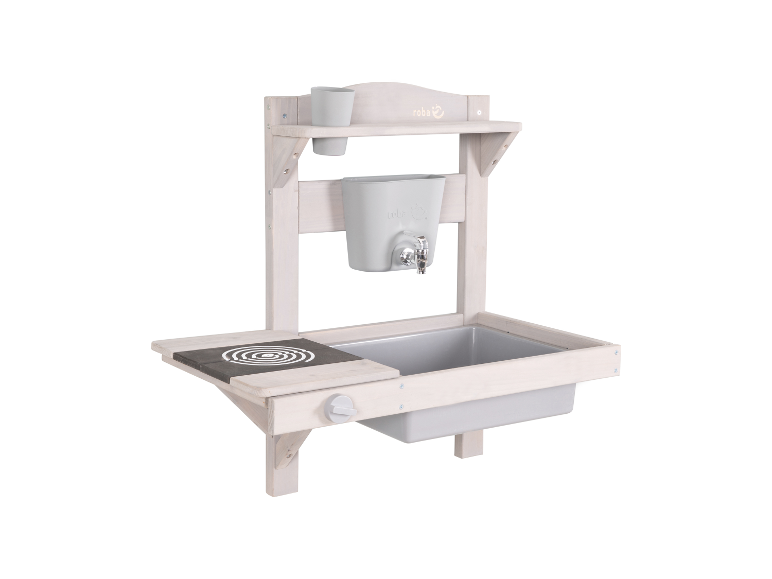 Roba Kinderküche aus weißem Holz mit Spüle und Herd.