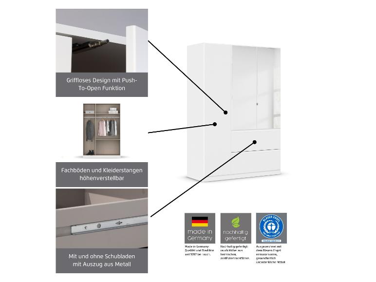 Weißer Kleiderschrank mit Push-To-Open Funktion, verstellbaren Fachböden, Metallauszügen, hergestellt in Germanland, nachhaltig und Blauer Engel zertifiziert.