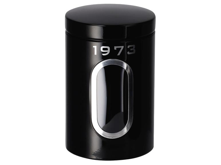 Schwarzer Gewürzbehälter im Stil von 1973 mit transparentem Fenster.