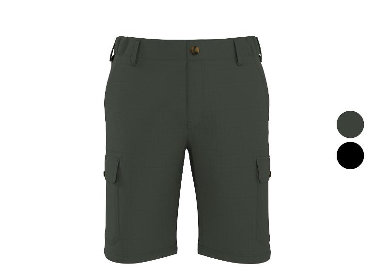 Dunkelgrüne Cargo-Shorts mit braunem Knopf und Seitentaschen.