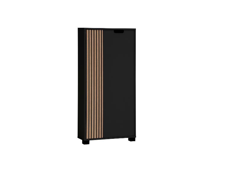 Schwarzer Schuhschrank mit vertikalen Holzlamellen und integriertem Griff.
