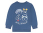 Ein blauer Pullover mit langen Ärmeln mit einem Aufdruck von Hunden und dem Text 'best friends'.