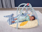 Ein Baby liegt auf einer blauen Wal-Spielmatte mit einem Spielbogen.
