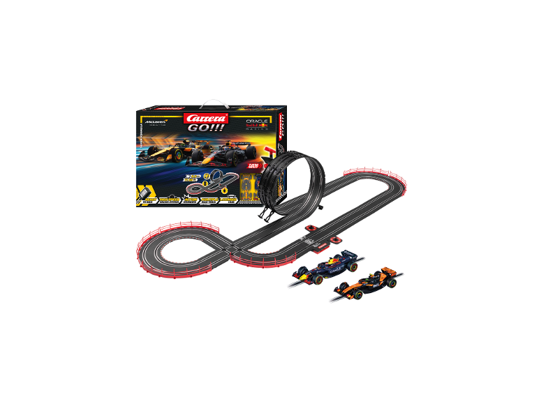 CARRERA Super Formula Rennbahn mit Verpackung, Strecke und zwei Spielzeugautos.